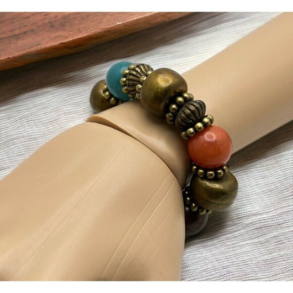 Chunky Beaded Bracelet Faux Stone Earth Tones Stretch Retro Boho Hippy - Picture 1 of 8